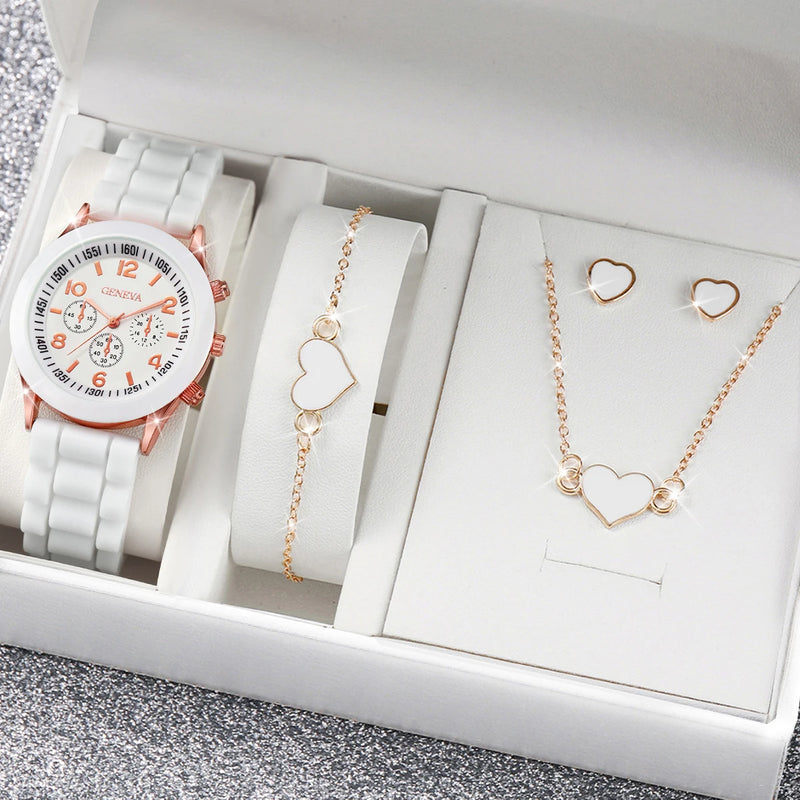 Relógio Fashion Corações 4 Peças com Pulseira de Silicone e Joias