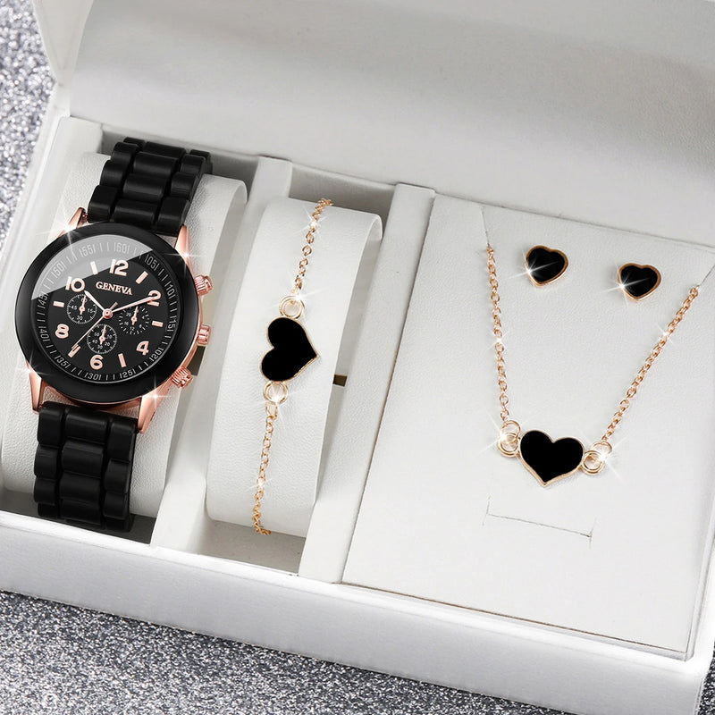 Relógio Fashion Corações 4 Peças com Pulseira de Silicone e Joias