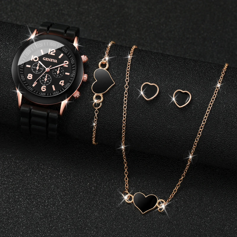 Relógio Fashion Corações 4 Peças com Pulseira de Silicone e Joias